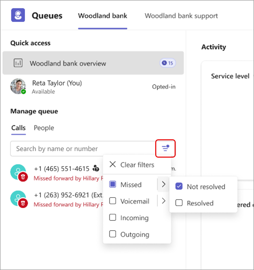 Screenshot showing call filter detail in Queues app.