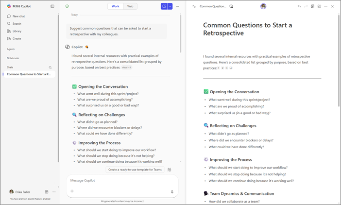 Side-by-side view of Copilot Chat and Copilot Pages in the Microsoft 365 Copilot app.