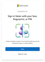 Pop-up graphic promoting how you can sign in faster using your face, fingerprint or PIN.