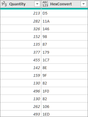 The new MyHex column of values in a worksheet
