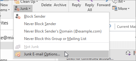 A screenshot of the Junk Email Options button