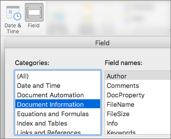 Screen shot that shows field codes filtered by Document Information category
