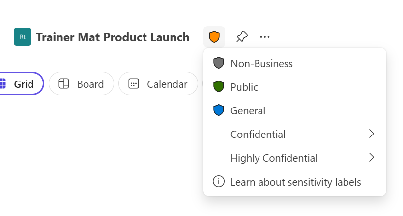 Screenshot of a Microsoft Planner plan displaying the sensitivity label dropdown menu with multiple classification options.