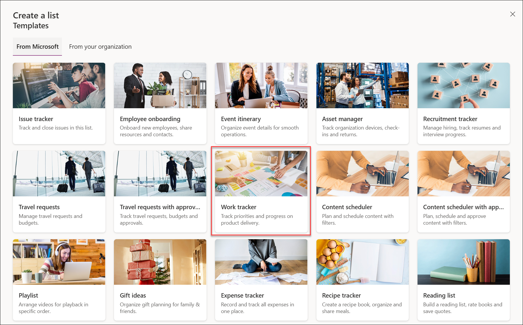 Screenshot of the Work Progress Tracker template preview, when creating a list from a template