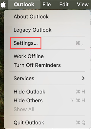 Outlook for Mac Settings menu option