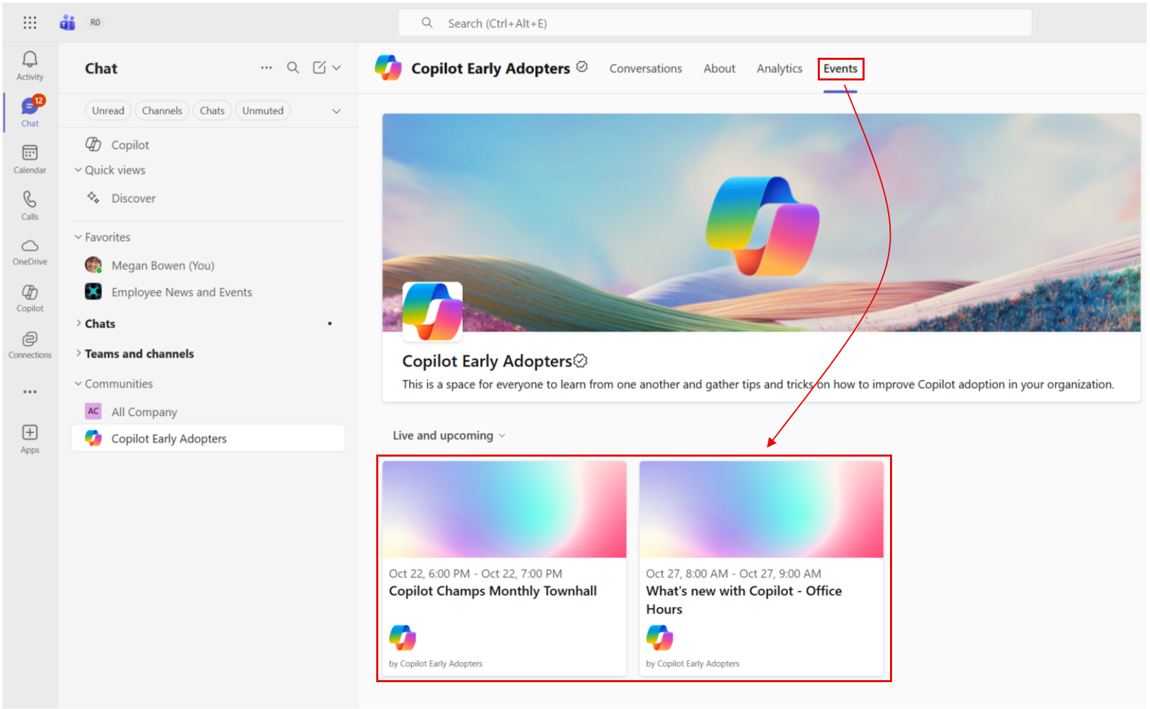 Screenshot showing how you can see Teams Townhalls and events directly from the community