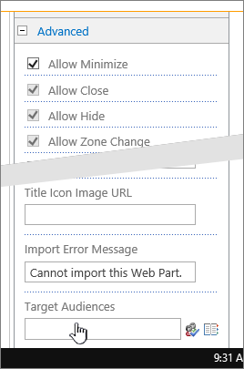 Web part properties advanced section with target audience highlighted