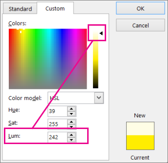 Sliding the selection up the luminance scale increases the Lum value