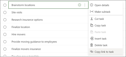 Dialog box listing tasks. Copy link to task button is highlighted.