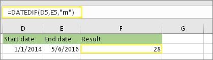 =DATEDIF(D5,E5,"m") and result: 28