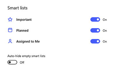 Screenshot of Smart lists in Settings with Important, Planned and Assigned to Me toggled on and Auto-hide empty smart lists toggled off.