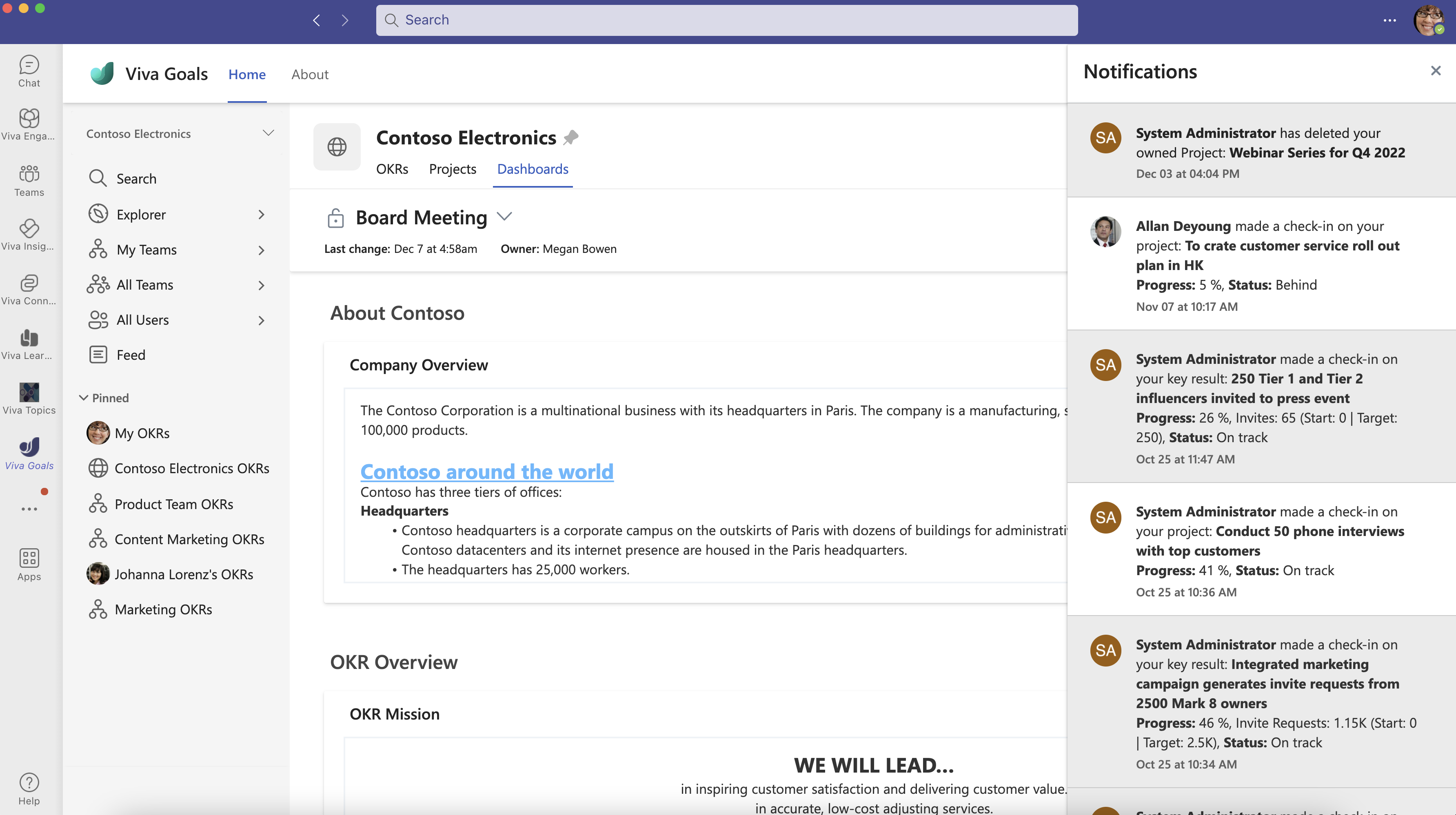 Where to find notifications in Viva Goals for MS Teams