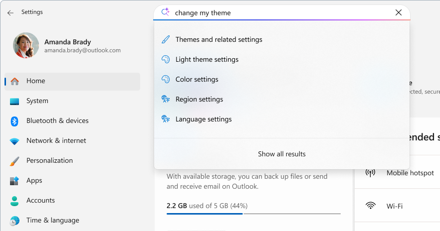 Screenshot of a search in settings.