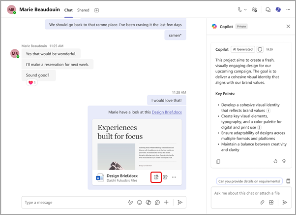 Screenshot showing a Word doc shared in chat and the Copilot summary open in the side pane.