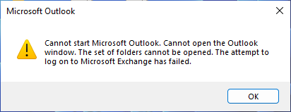 Error message indicating cannot start Outlook