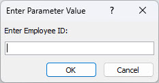 Shows an example of an expected Enter Parameter Value dialog box in Access, with an identifier labeled "Enter Employee ID", a field in which to enter a value, and  OK and Cancel buttons.