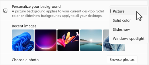 Screenshot of personalize your background choices.