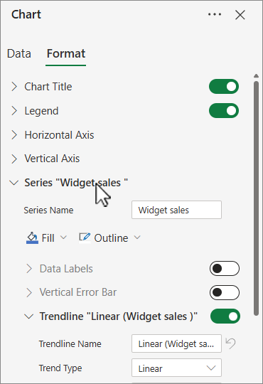 Screenshot of Chart format pane with data series selected.