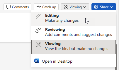 Change from viewing to editing view in Word for the web