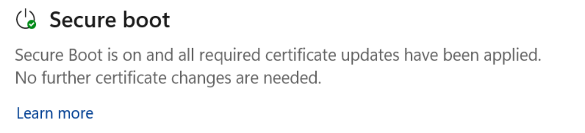 The Secure Boot section showing the “fully updated” status with a green checkmark icon.