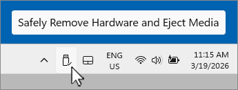Screenshot of Safely Remove USB device icon in notification tray.