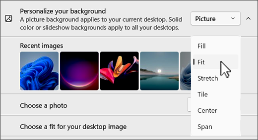 Screenshot of personalize desktop fit an image choices.