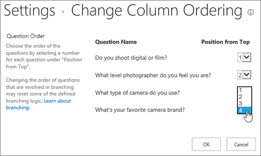 Change question order dialog with dropdown on one question highlighted