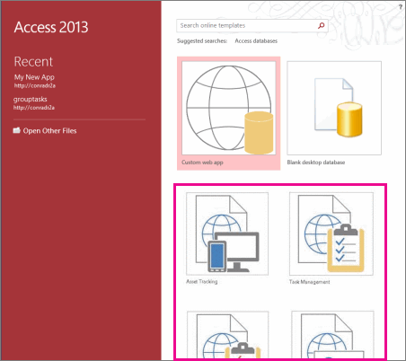 App templates on the Access 2013 startup screen.
