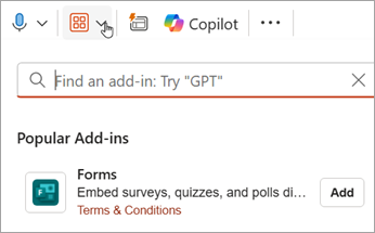 Select Add-Ins > Forms > Add to add the Forms Add-in to PowerPoint