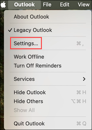Legacy Outlook for Mac Settings menu option