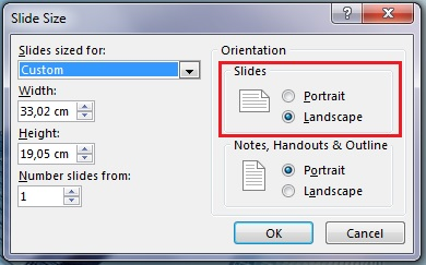 In the Slide Size dialog box, you can change the slide orientation to Portrait or Landscape.