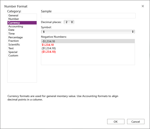 Currency option in Number format screen