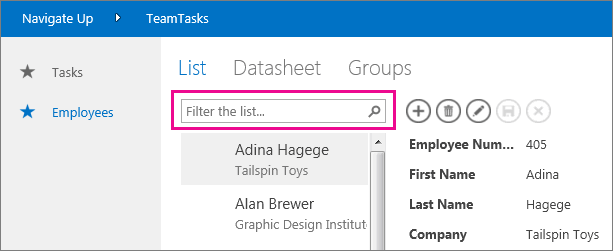 The default search box on a List Details form.