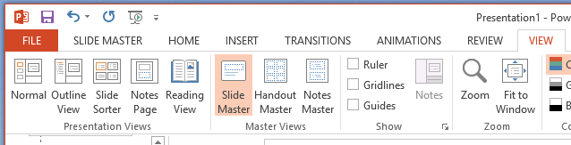 The Slide Master button is on the View tab of the ribbon.