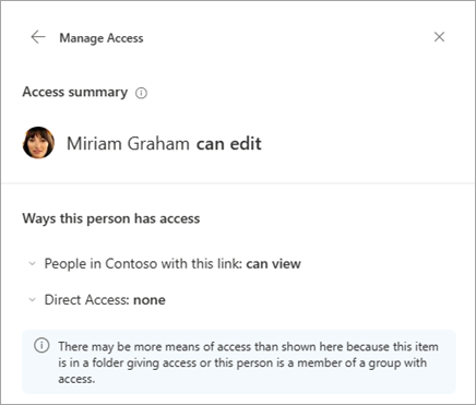 The Access summary dialog box showing the file permission details for a person.