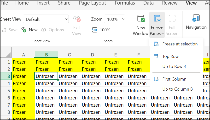 View tab, Freeze panes menu, Freeze panes command