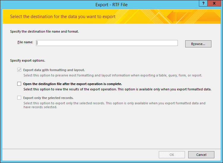 Select a destination and export options on the Export - RTF File dialog box.