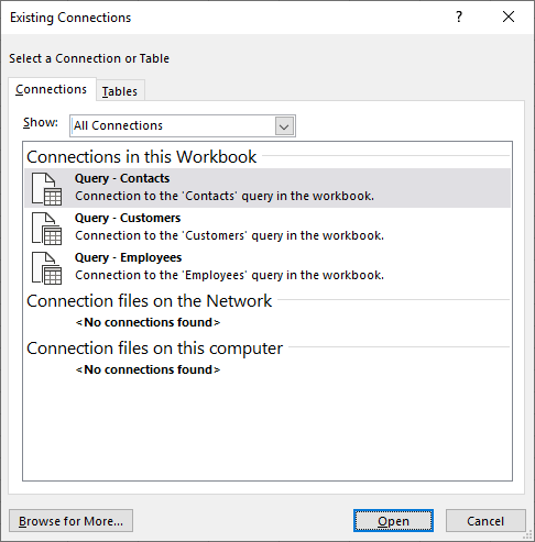 The Existing Connectios dialog box in Excel displays a list of data sources currently in use in the workbook