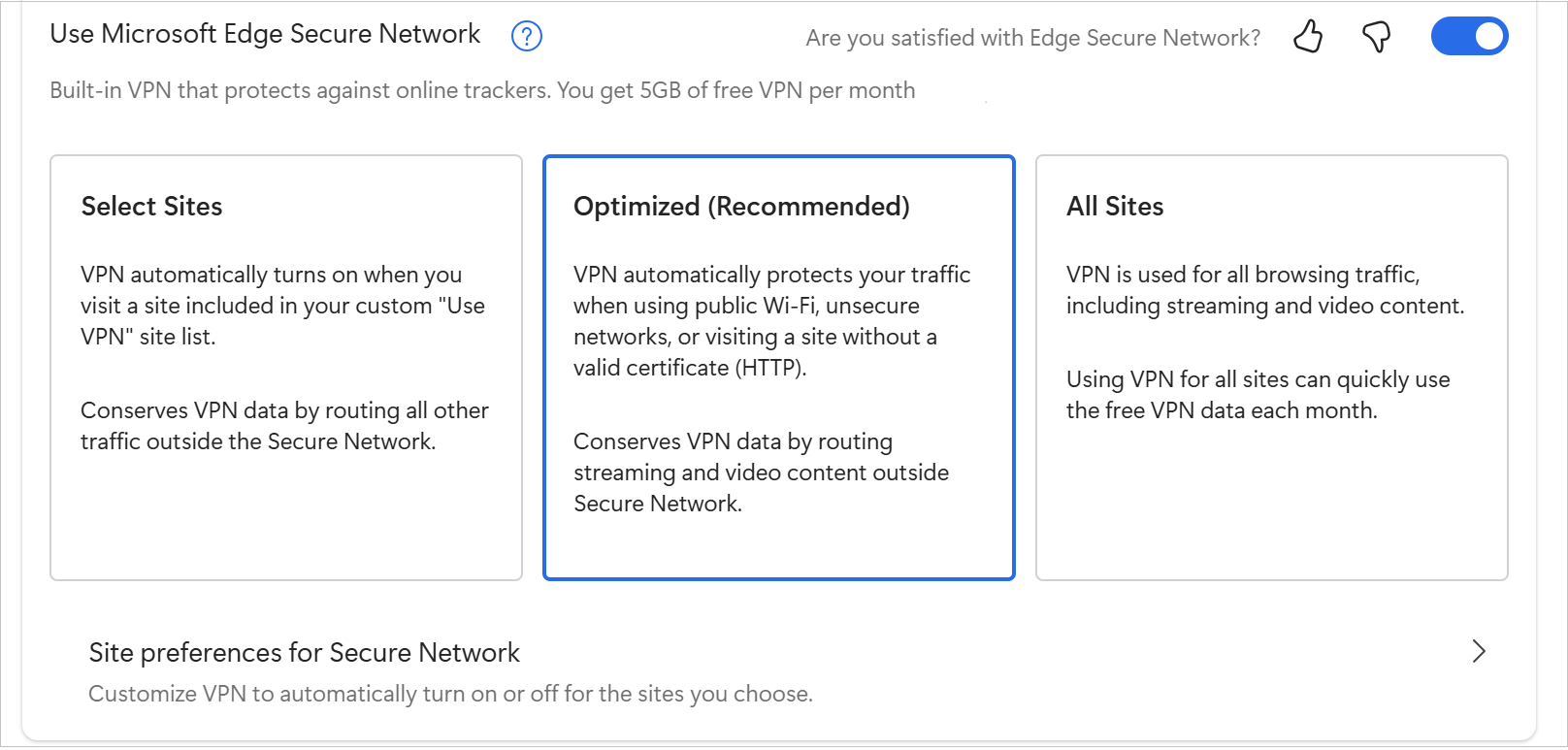 Screenshot of the options in MicrosoftEdgeSecureNetwrok