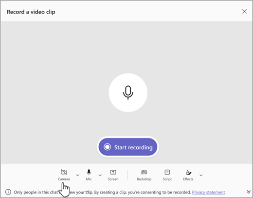 Screenshot of the option to record a video clip that is audio only in Microsoft Teams.