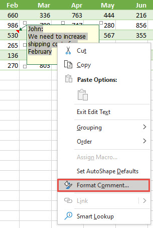 Format a comment by selecting the text to format, then right-click and select Format Comment.