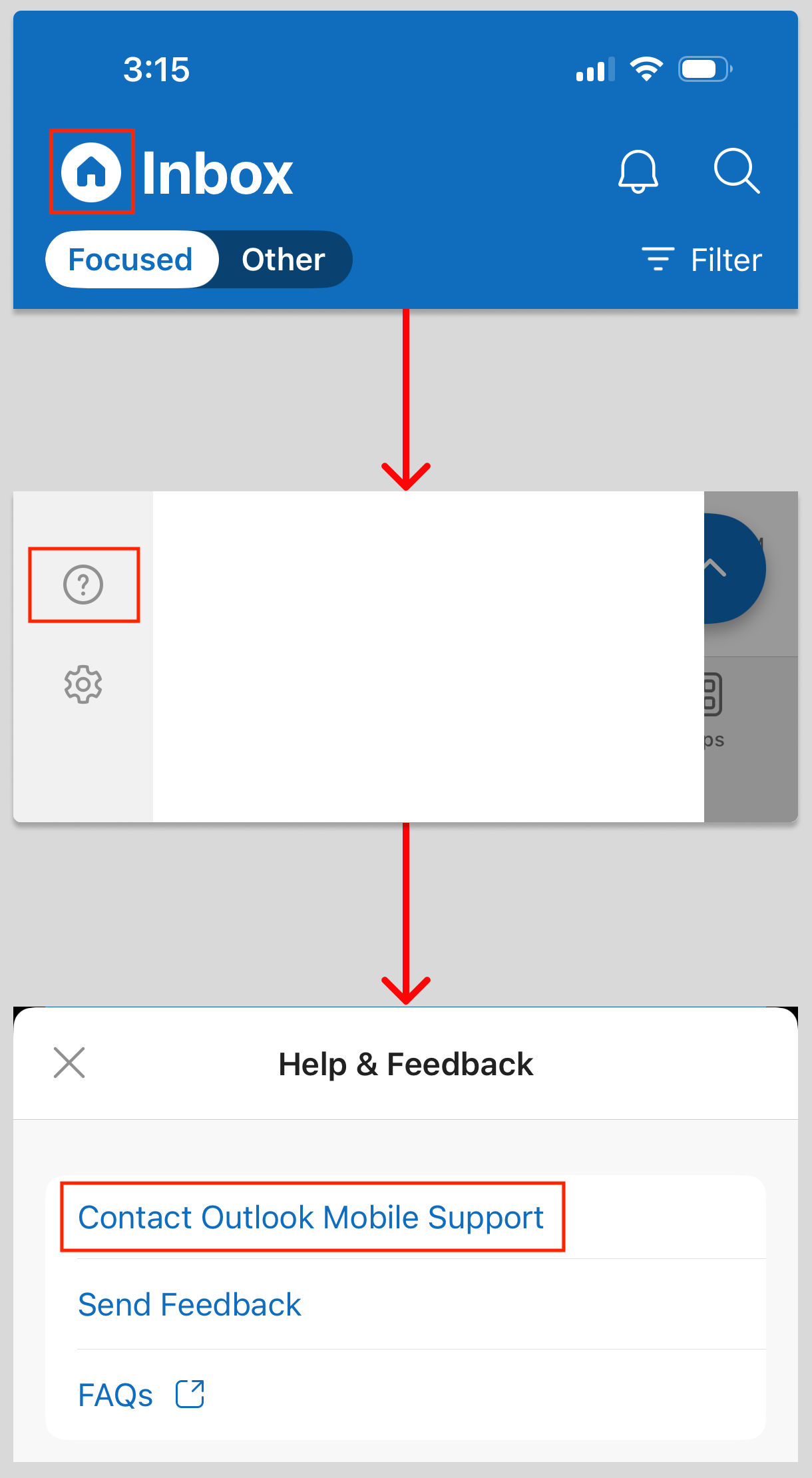 This image reveals how to get to the Contact Support feature in Outlook for iOS.