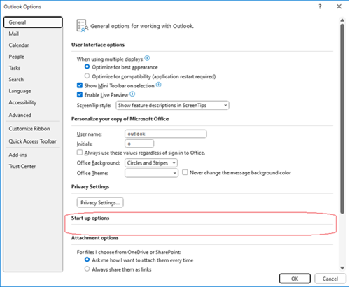Outlook Start up options