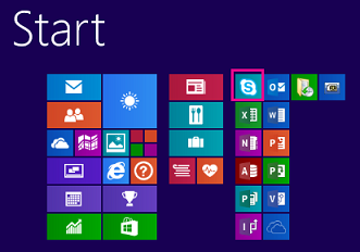 Windows 8.1 start screen with Skype for Business icon highlighted