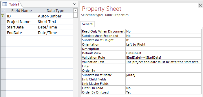 A table valdation rule in the Access table designer.