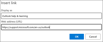 The Insert link dialog box in Outlook on the web.