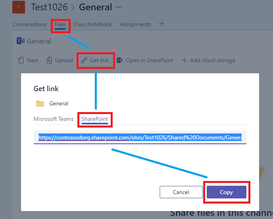 Click Files, then Get Link, then SharePoint, then Copy