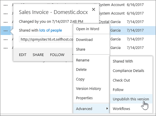 Click Unpublish this version