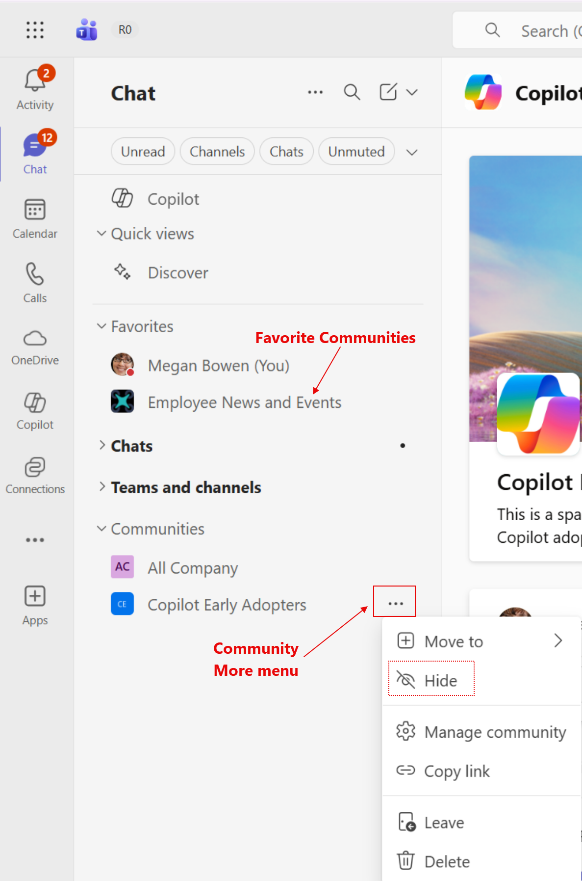Screenshot that illustrates some actions in the left rail for moving and placing communities
