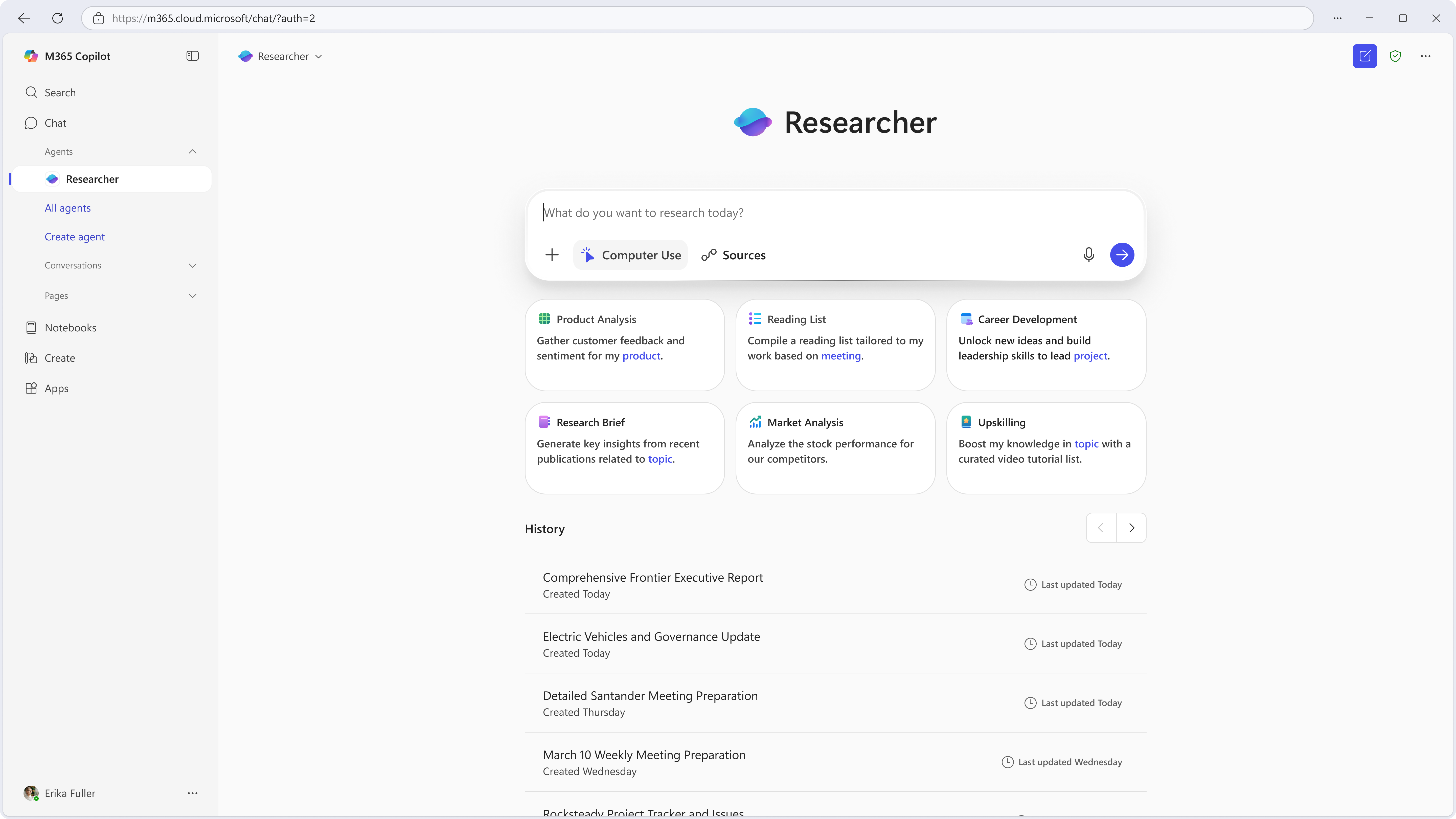 Screenshot showing the Microsoft 365 Copilot app with Researcher open.